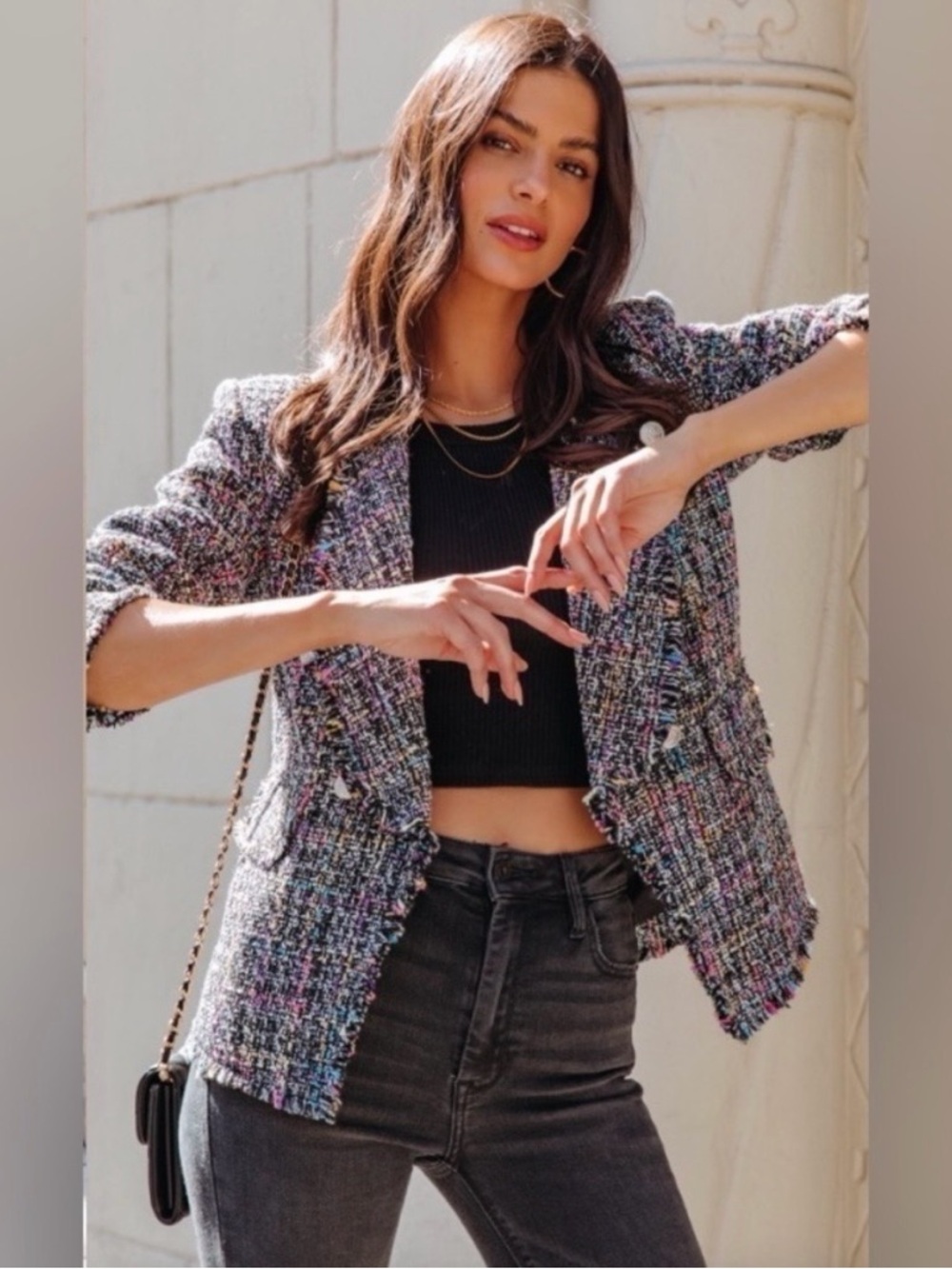 Vici Black Multi Tweed Double-Breasted Blazer